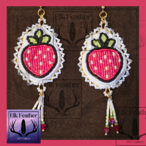 Beaded Strawberry Earrings – Native American made with red and green crystal beads and 18K gold findings