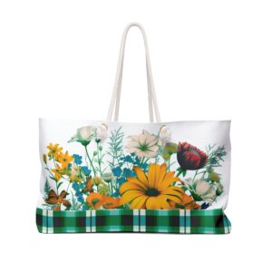 Wildflower Green Plaid Print Weekender Tote Bag Nature's Radiance in Stylish Elegance Gift Idea and Stylish Fashion Accessory Travel