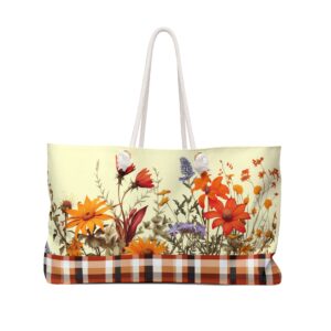 Wildflower Orange Plaid Print Weekender Tote Bag Nature's Radiance in Stylish Elegance Gift Idea and Stylish Fashion Accessory Travel