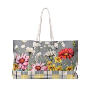 Wildflower & Yellow Gray Plaid Print Weekender Tote Bag Nature's Radiance in Stylish Elegance Gift Idea and Stylish Fashion Accessory Travel