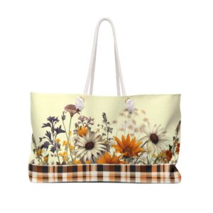 Wildflower and Brown Plaid Print Weekender Tote Bag - Nature's Radiance in Stylish Elegance Gift Idea and Stylish Fashion Accessory Travel