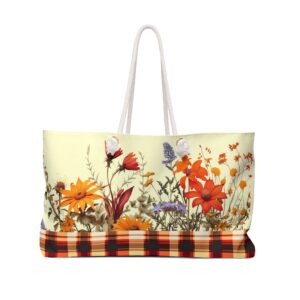 Wildflower Red Plaid Print Weekender Tote Bag Nature's Radiance in Stylish Elegance Gift Idea and Stylish Fashion Accessory Travel