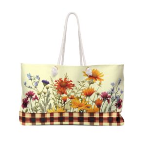 Wildflower BurgandyCream Plaid Print Weekender Tote Bag Nature's Radiance in Stylish Elegance Gift Idea and Stylish Fashion Accessory Travel