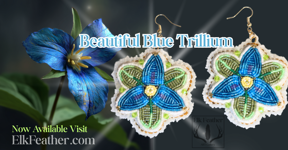 Blue Delica Beaded Flower Earrings – Trillium Design | Native Made 2 Trillium flower blue delica beaded earrings